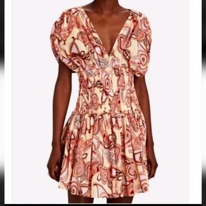 A.L.C. Luna Cotton Swirl Print Mini Dress Split Sleaves in Peach and Brown NWOT